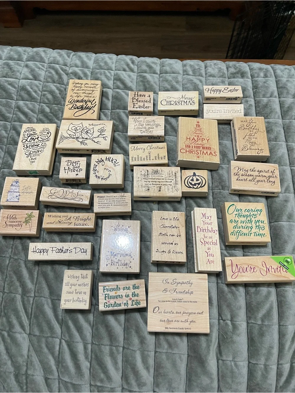 Lot Of 30 Wood Mount Rubber Stamps stamping holidays birthdays quotes